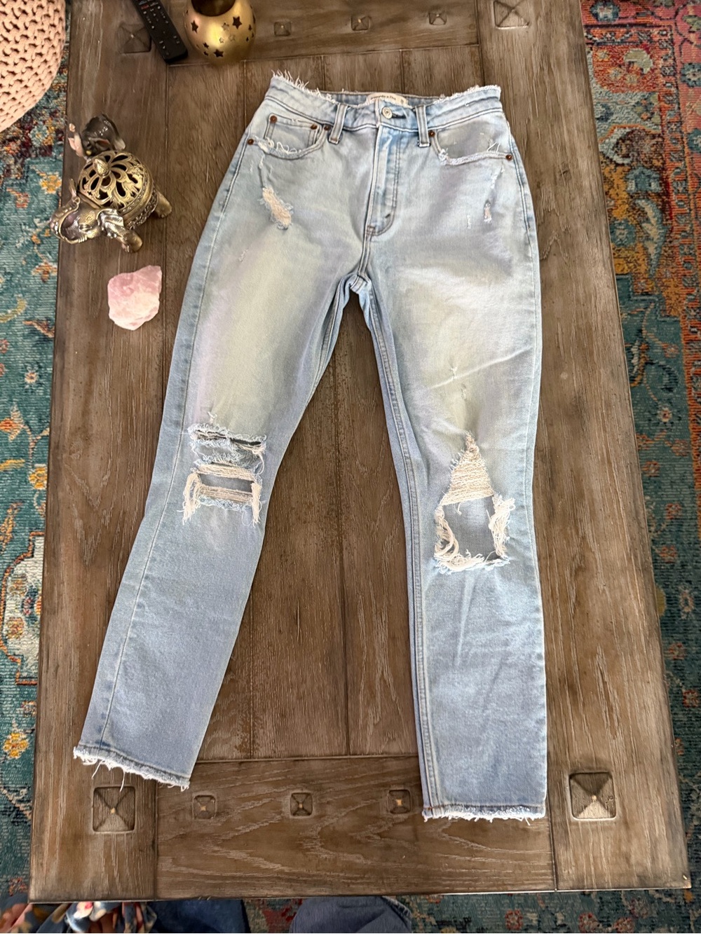 A&F Light Blue Curve Love Distressed Women's Jeans - Casual Ripped Denim